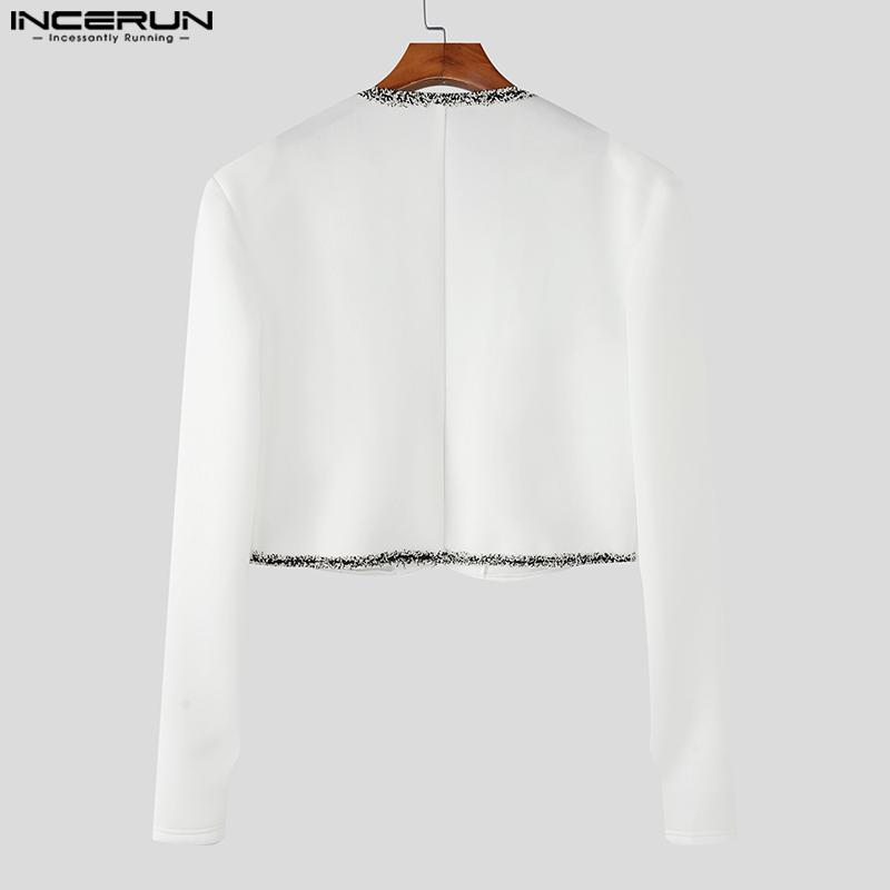 INCERUN Men Long Sleeve Open Front Stitching Short Crop Tops Shirts