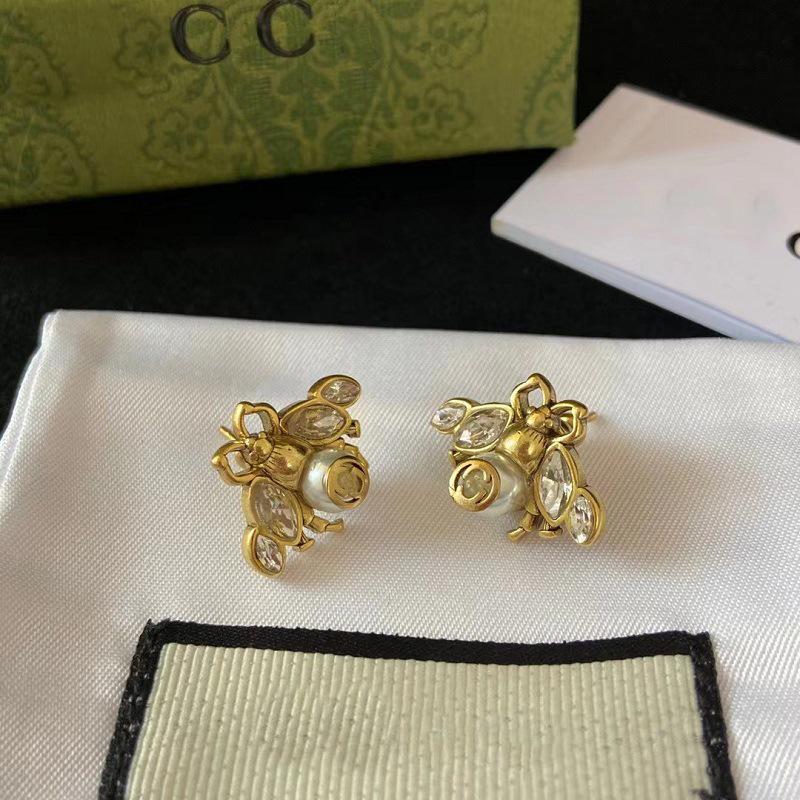 Gu Jia Retro Classic Little Bee Double G Pearl & Diamond Earrings for Women