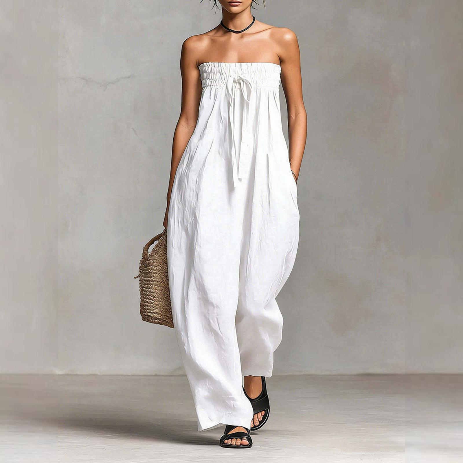 

Women s Fashionable Color Sexy Strapless Casual Jumpsuit Without Sleeves XL белый