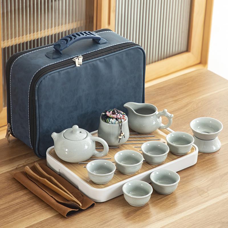 Travel ceramic Kung Fu tea set, tea tray, a full set of portable storage bags, practical business gifts for customers