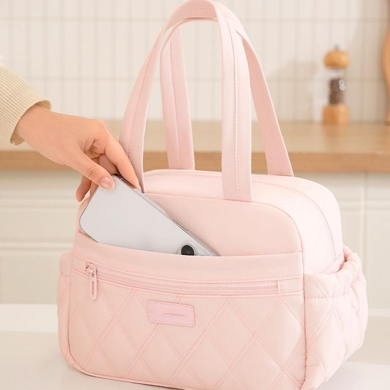 Large Capacity Thermal Lunch Bag With Zippers Front Pocket And Bottle Holders Quilted Handheld Meal Carriers