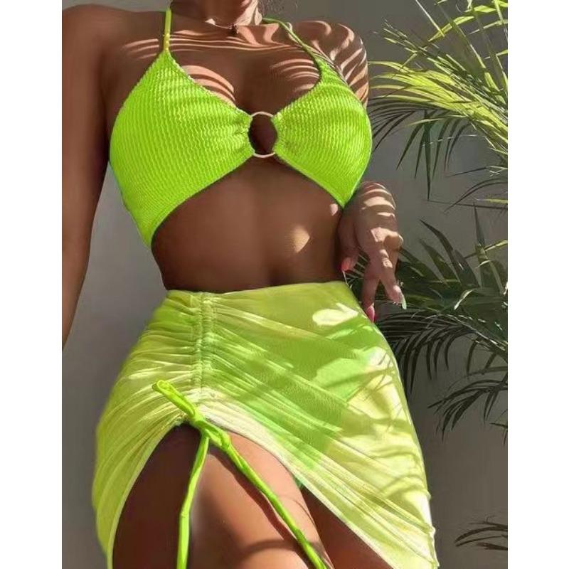 Bikini Split Swimsuit Women's Solid Color Sexy Swimsuit Three-piece Neck Three-point Bikini