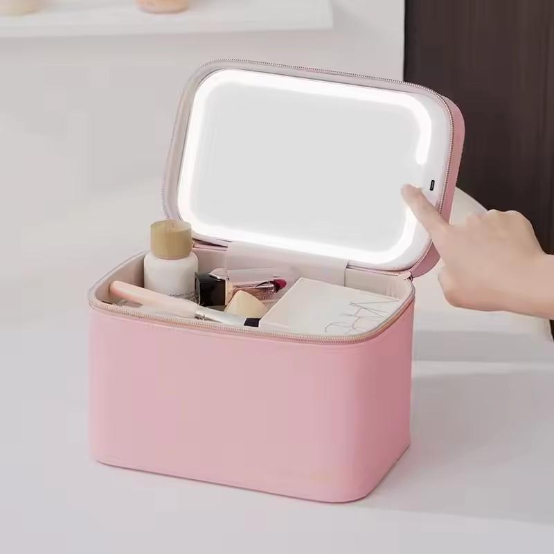 Travel PU Makeup Bag With Led Mirror Portable Cosmetic Case With Mirror And Light Travel Rechargeable Makeup Bag With Led Light