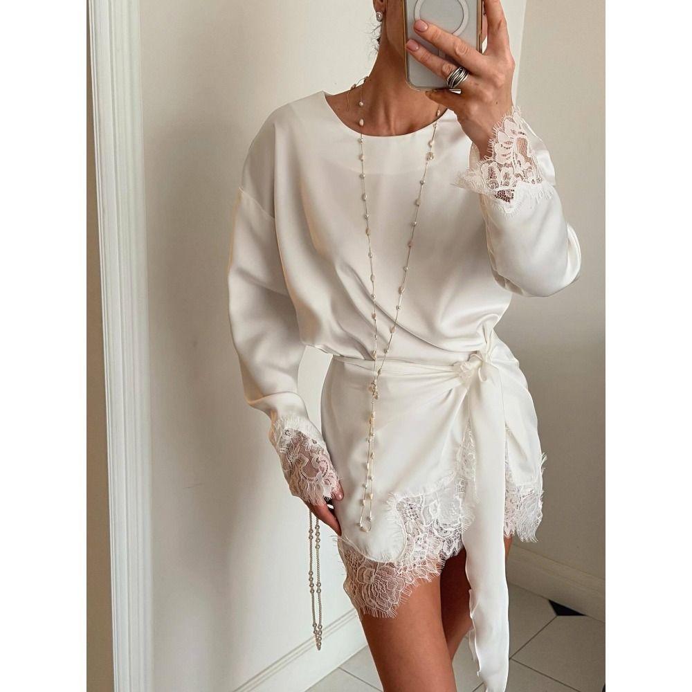 Lace Trim Long Sleeve T-shirt O-Neck Tunic Tops Fashion Beach Robe  Summer Wear