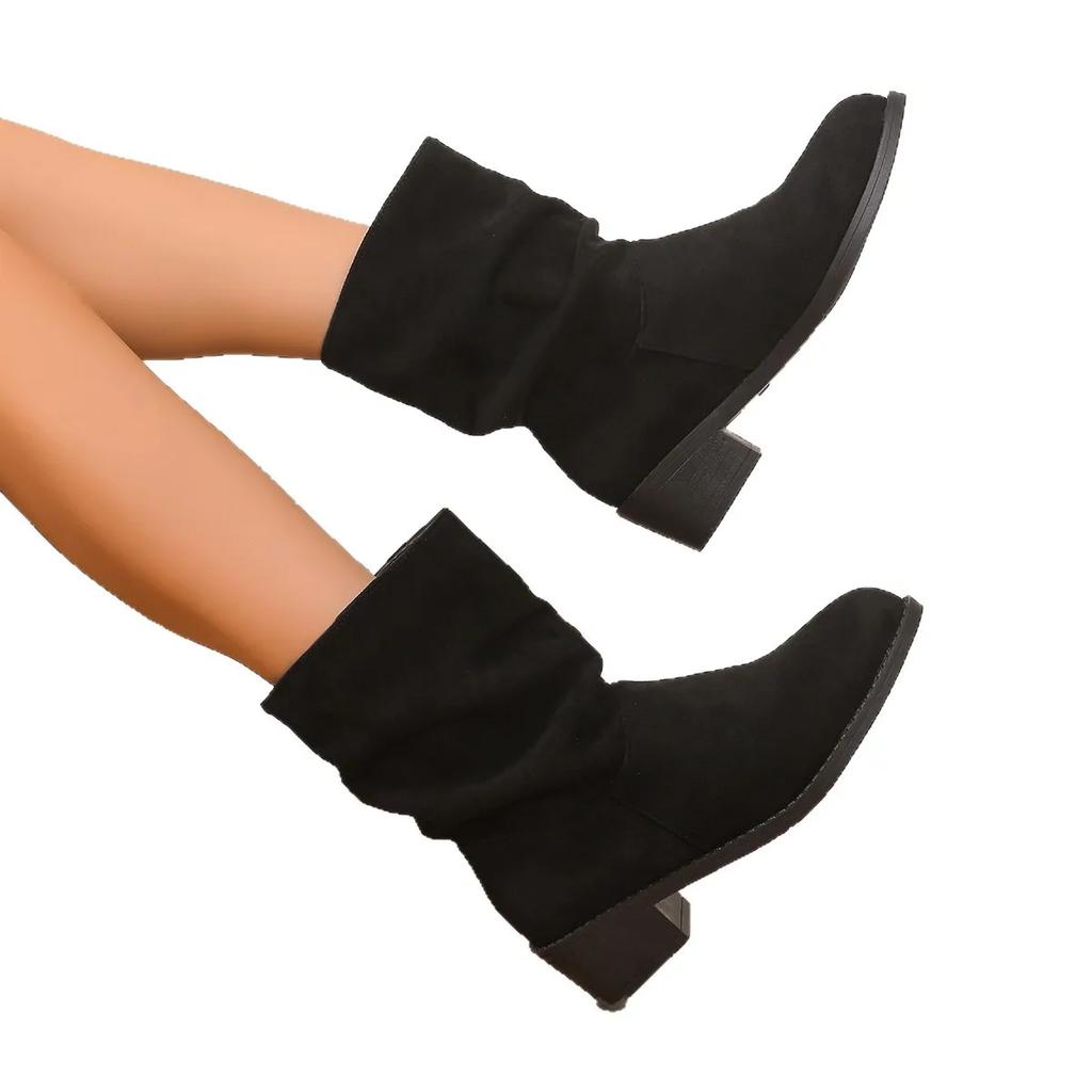 Autumn Winter Low Heel Round Toe Western Style Velvet Booties Women Fashion Short Boots Versatile Casual Dress Shoes