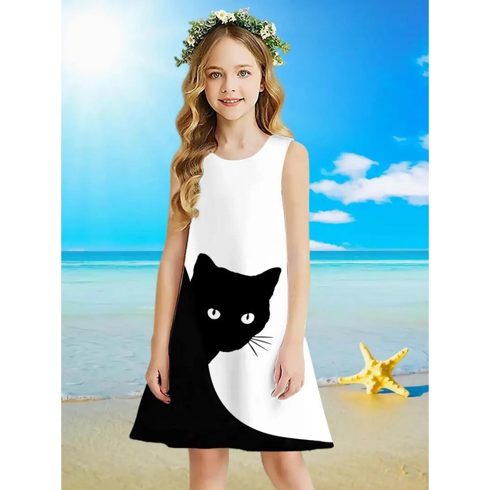 Frühling und Sommer neues ärmelloses Rundhals-Westenkleid für Mädchen, niedliches Prinzessinnenkleid, 3D-Digitaldruckmuster