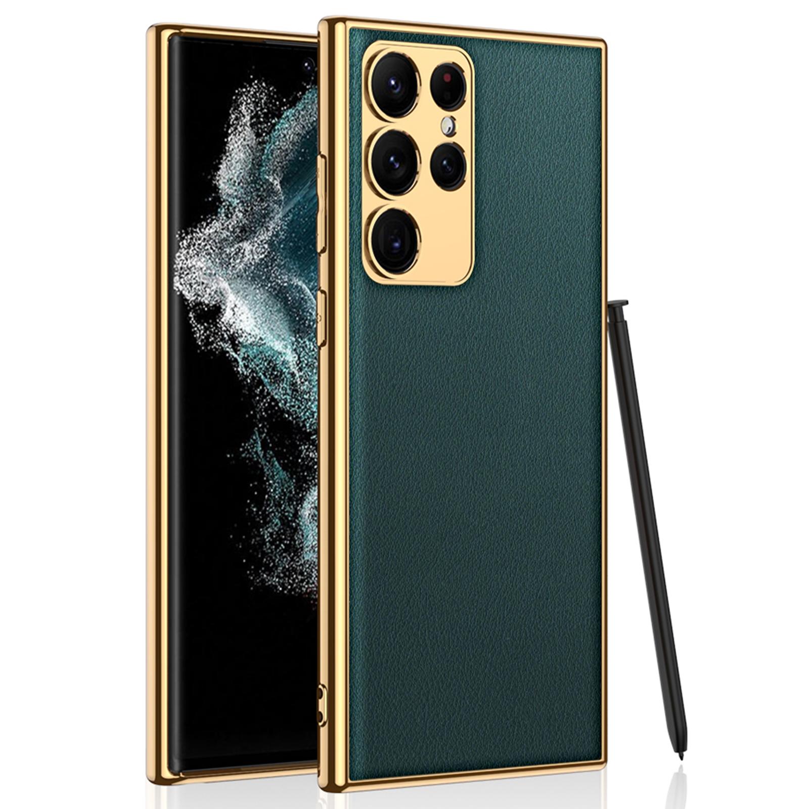 

GKK For Samsung Galaxy S23 Ultra Shockproof PU Leather Coated Hard PC Phone Case Electroplating Soft TPU Frame Mobile Phone Cover Green