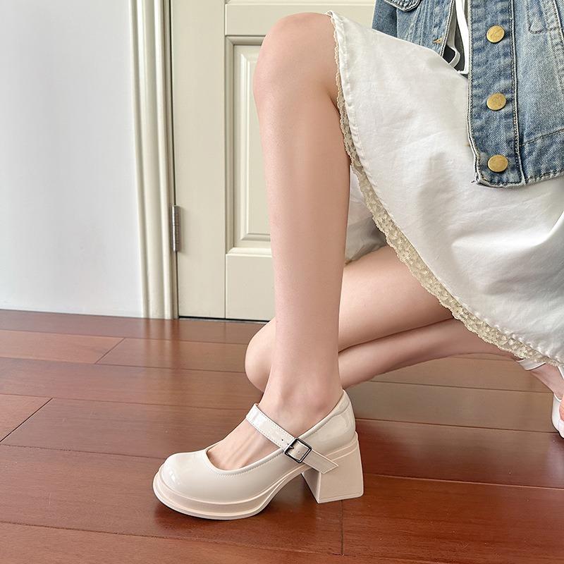 Mary Jane High Heels Spring and Autumn One-word Buckle Belt Square Head Patent Leather Temperament Thick Heel Waterproof Table Single Shoes