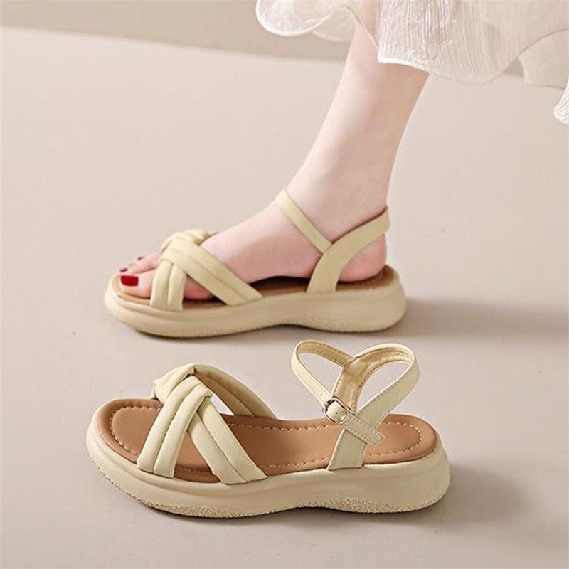 One-word Buckle Flat-soled Soft-soled Beach Shoes 2025 Summer New Cross-strap Internet Celebrity Student Sandals Women's Roman Shoes