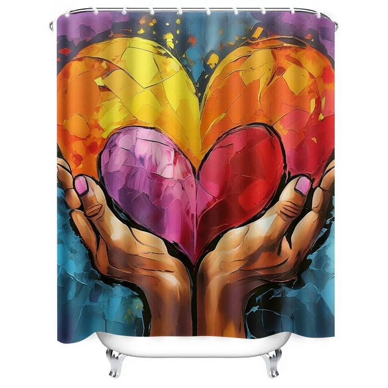 Vibrant Heart in Hands Shower Curtain - Abstract Love Art Design for a Waterproof and Unique Bathroom Décor Set