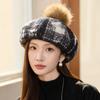 New Autumn and Winter Women's Retro Plaid Beret Painter Hat Warm Women's Winter Knitted Wool Hat Outdoor Travel Windproof Hat