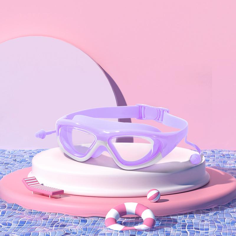 Kinder Wasserdichte, Beschlagsfreie Schwimmbrille mit Ohrstöpseln – Großer Rahmen, HD Taucherbrille für Jungen & Mädchen.