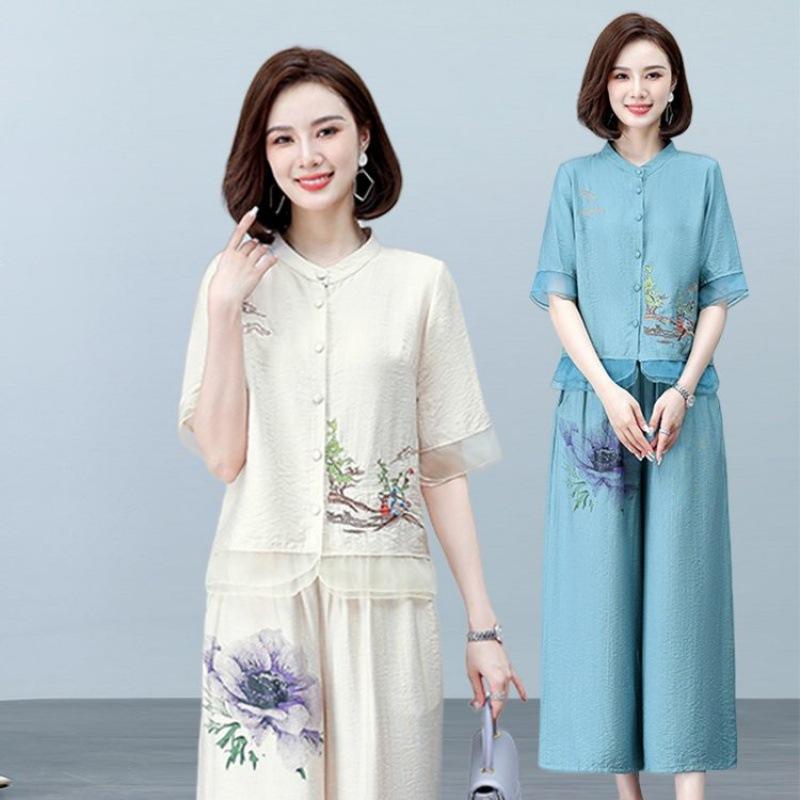 Mom's Summer Loose Short Sleeved Cotton Linen Two Piece Set Middle Aged Elderly Women's