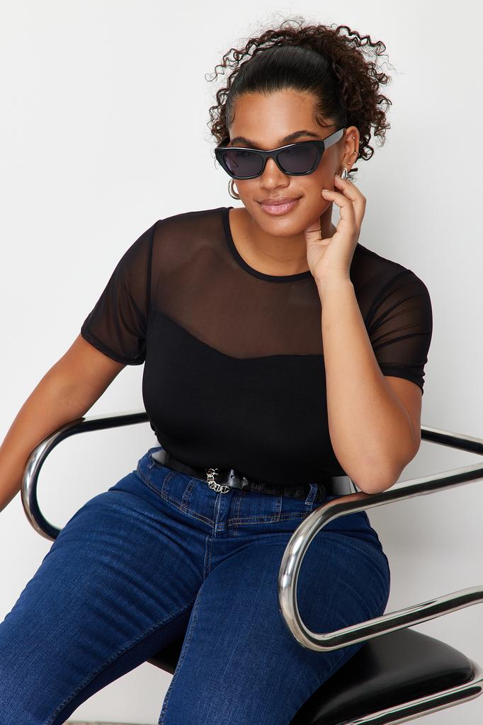 Damen Stil Übergröße Schwarz Herzausschnitt Mesh-Details Gestrickte Bluse