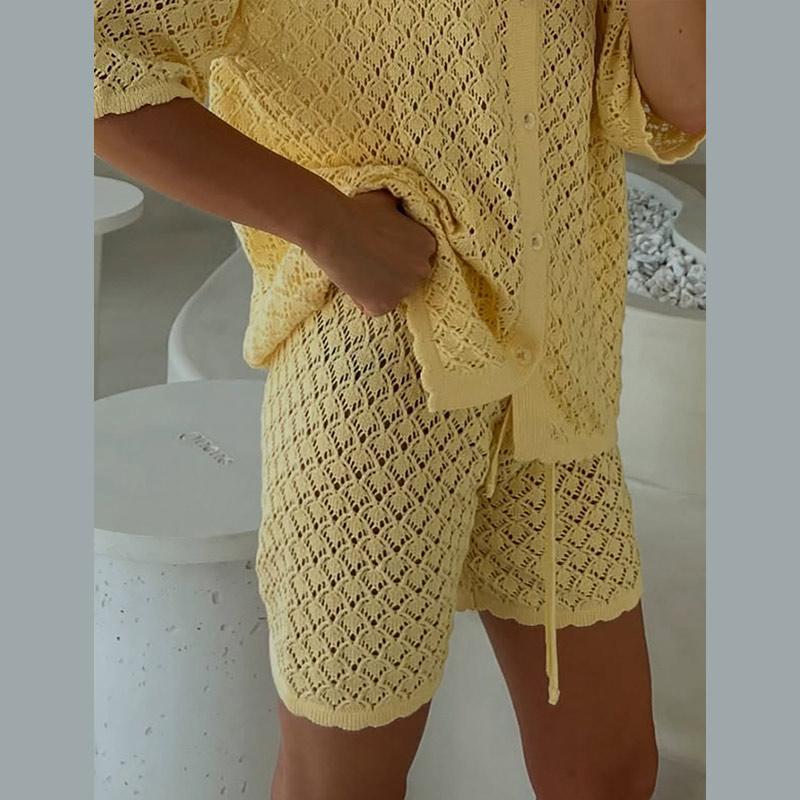 Women's Knitted Hollow Cardigan Shorts Set for Summer New Style Casual Loose Fit Solid Color Versatile Daily Commuting Women's Knitted Set