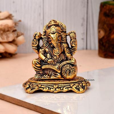 Designer Metal Lord Ganesha Statue Golden Brass Hindu God Ganesh Ganpati Sitting Idol Blessing Ganpati Sculpture for Home
