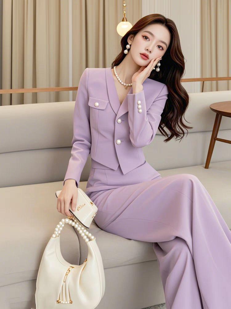 Elegant Purple Fall Two-Piece Set: High-End Goddess Style Top and Pants