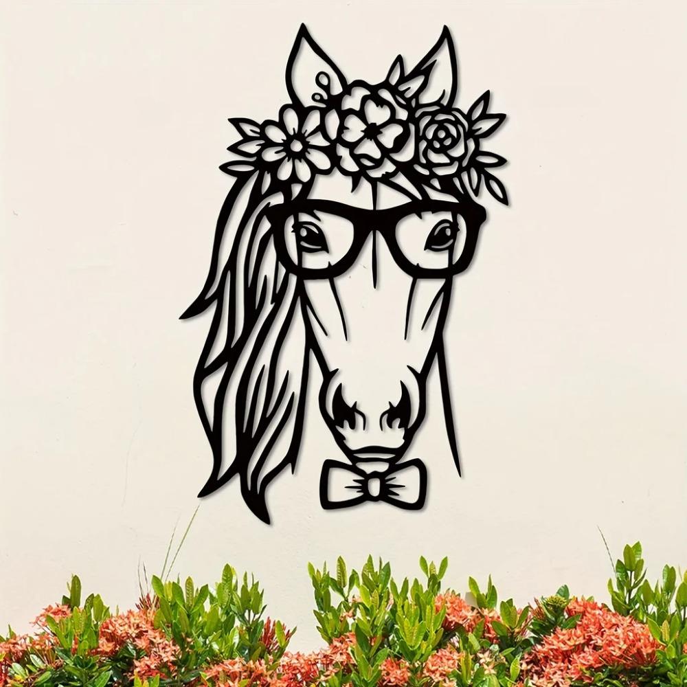 Unique Horse Metal Wall Decor - Geometric Cut Out Plaque with Flowers for Bedroom, Adding Grace To Your Home
