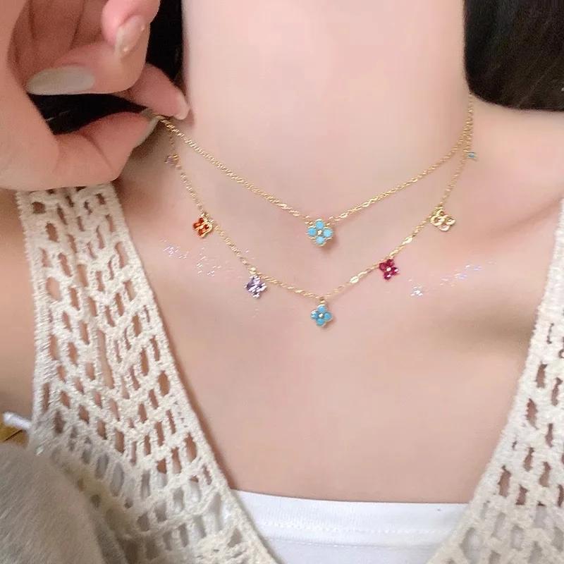 PONYKISS Sterling Silver Colorful Zircon Clover Flower Pendant Chain Necklaces for Women Fine Cute Plant Accessories