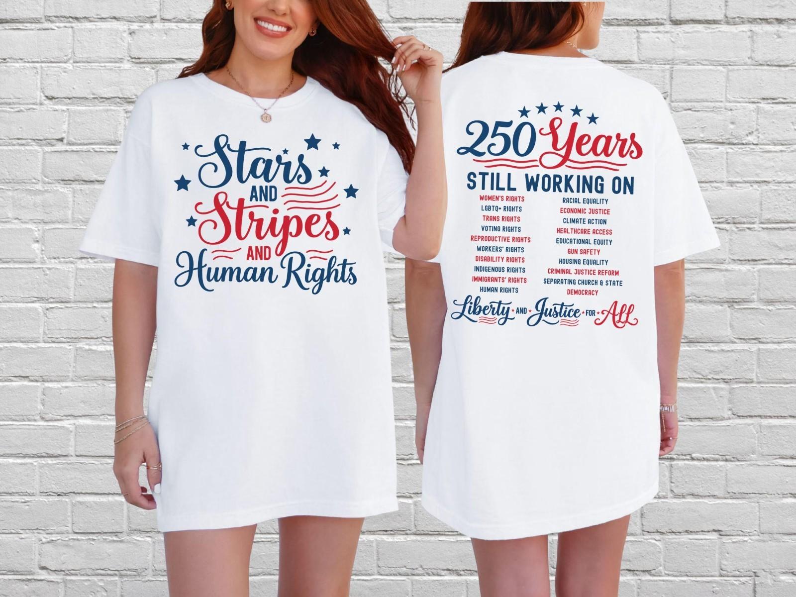 Stars and Stripes and Human Rights Comfort Colors Tee, 250 Years America T-Shirt L