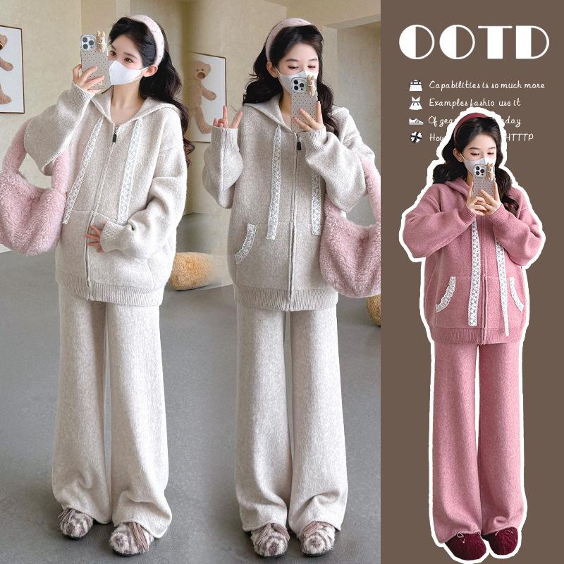 Autumn/Winter Korean Style Maternity Patchwork Lace Cardigan & Wide Leg Pants Set Large