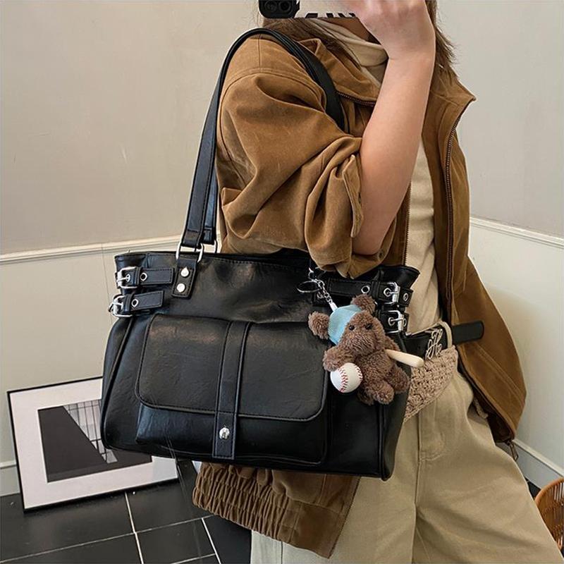 Vintage Tote Bag Women Luxury Belt Buckle Design Multipockets Shoulder Crossbody Bag Large Capacity Casual Handbag With Pendant