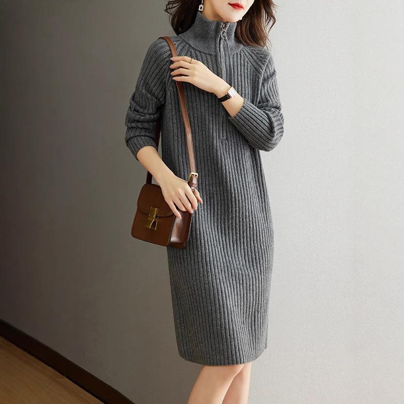 

Вязаное платье в французском стиле для женщин на осень и зиму, средней длины, с цепочкой-свитером, свободное и повседневное, с длинными рукавами и воротником-стойкой. Платье-свитер 2XL серый