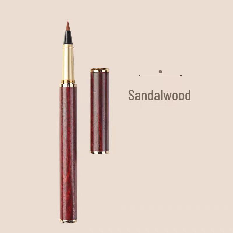 Sandalwood Calligraphy Brush Pen with Replaceable Ink and Nylon Soft Tip for Small Regular Script, Engraving Capable