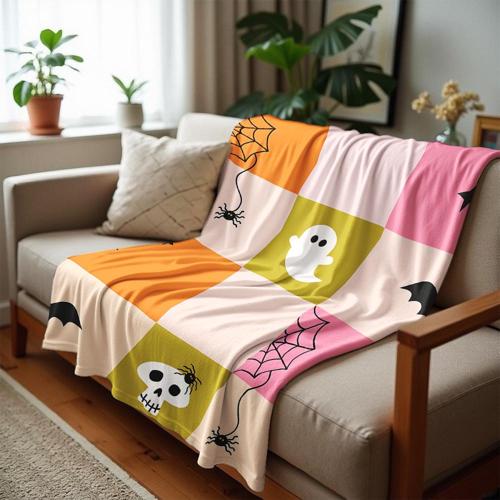 Pastel Color Block Halloween Tile Anime Cartoon Flannel Blanket Soft Warm Throw for Bedroom Sofa Car Kids Holiday Gift
