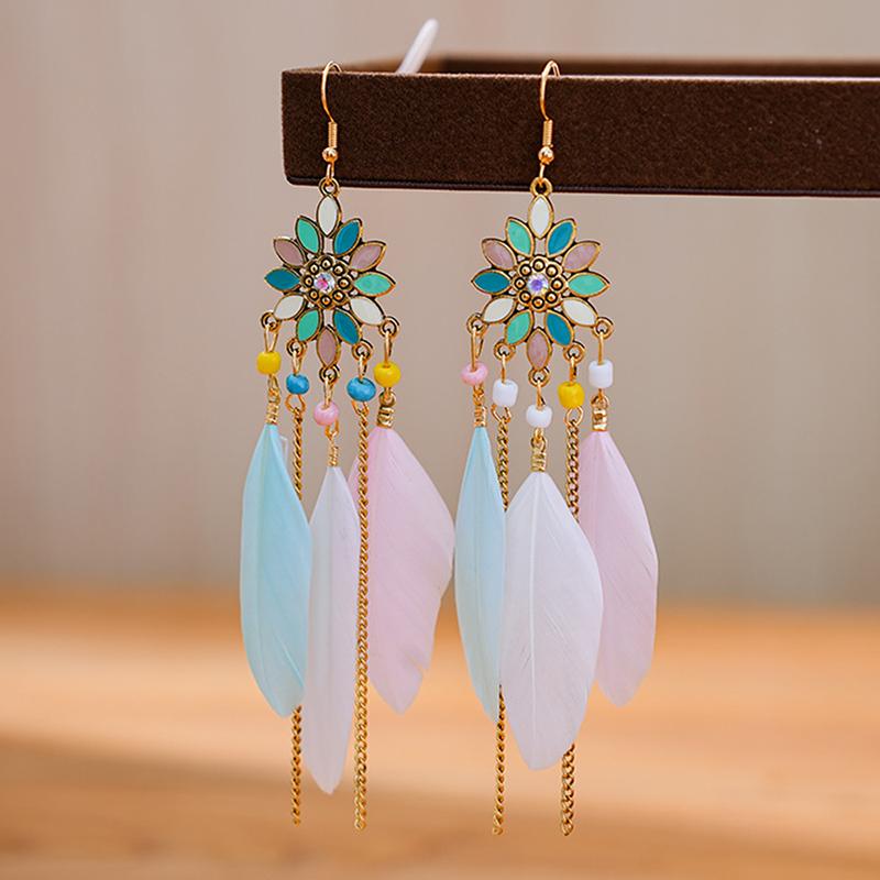Bohemian Long Sun Flower Feather Earrings for Women Trendy Ethnic Retro Gold Color Chain Tassel Earring Wedding Vacation Jewelry