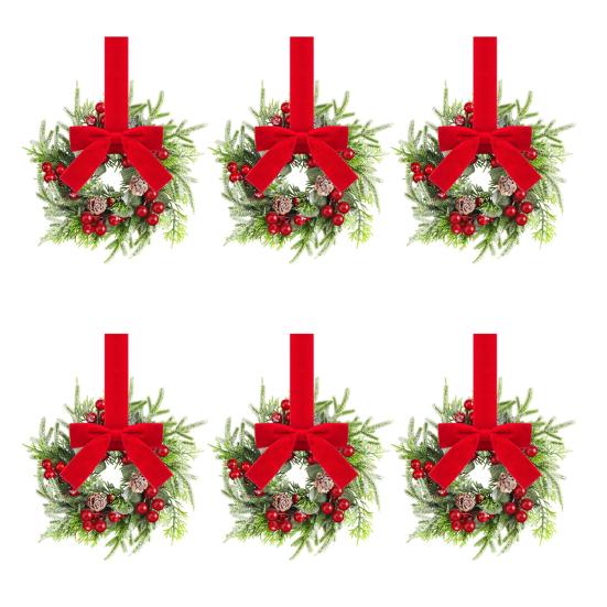 Christmas Mini Cabinet Wreaths Artificial Norfolk Pine Wreath with Ribbon Bows Red Berry Pinecones Small Kitchen Wreath for Window Door Wall Decor