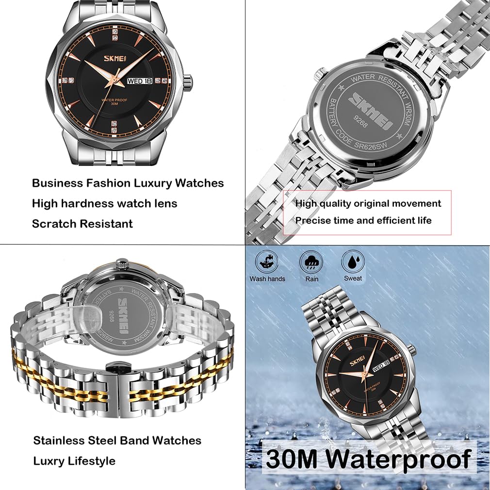 SKMEI Men's Watch Silver Stainless Steel Business Classic Wristwatch Gentleman Waterproof Analog Stylish Simple Date Day Luxury Gift Black