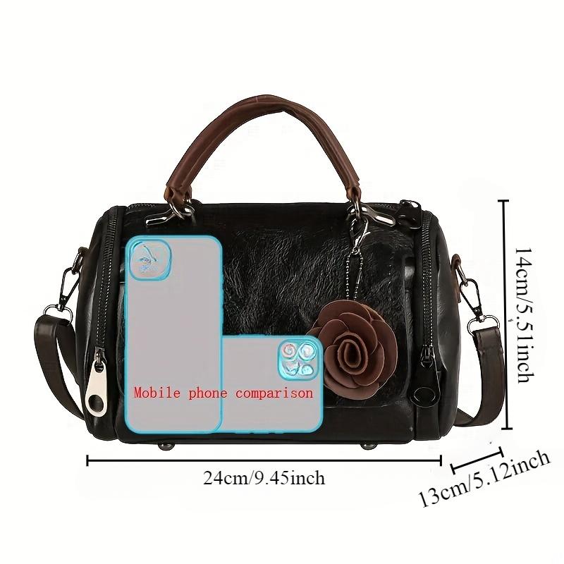 Large Vintage Boston Handbag - Solid Color PU Satchel with Zipper Closure, and Flower Pendant - Perfect for Occasional Use