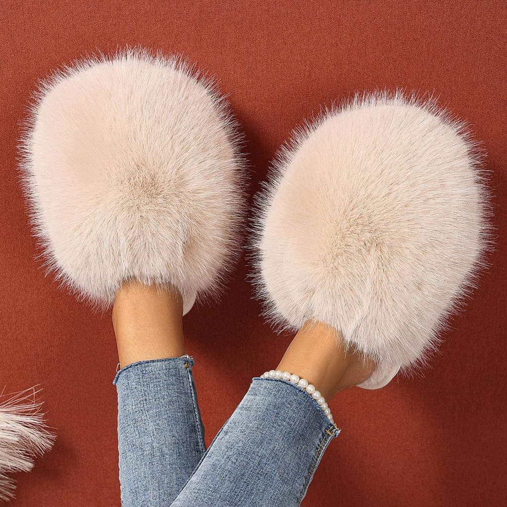 Winter Solid Color Fluffy Big Fur Slippers  Korean Style Faux Fur Slippers with Non-Slip Rubber Sole