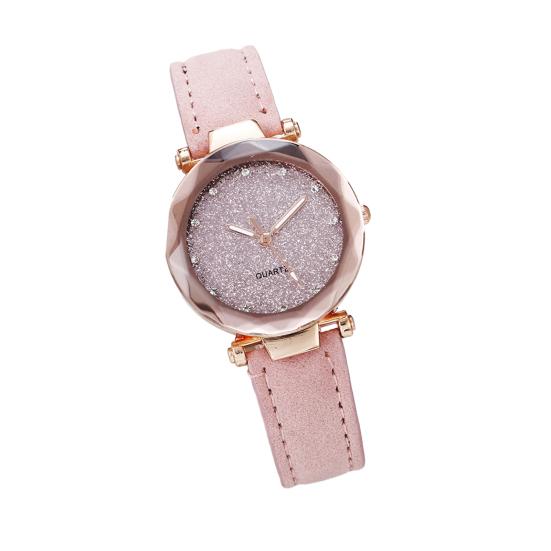 Women Casual Watch Rhinestone Round Dial Faux Leather Strap Ladies Business Formal Dress Quartz Wristwatch Fashion Jewelry Accessory Birthday Gift