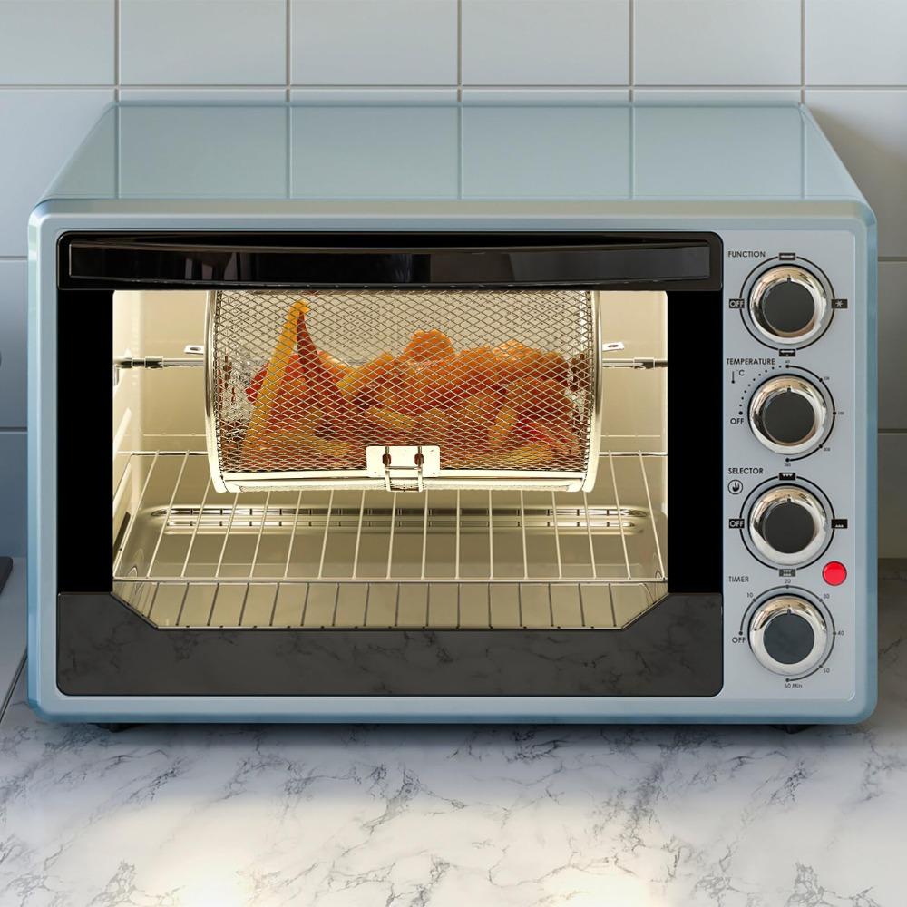 Rotating Oven Crisper Basket - Kitchen Rolling Grill Cage for Roasting, Baking, Barbecue - Outdoor Camping Rotisserie Drum