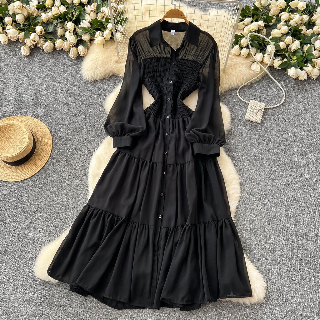 Women's Casual Dresses - Spring Autumn Women Vintage Draped Long Maxi Dress A Line Single Breasted Long Sleeve Turn Down Collar Red Green Purple