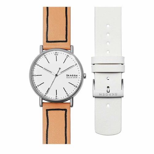 Skagen Men's Signatur Brown and White Leather Watch SKW1109 Gift Set with Replacement Strap and Pen
