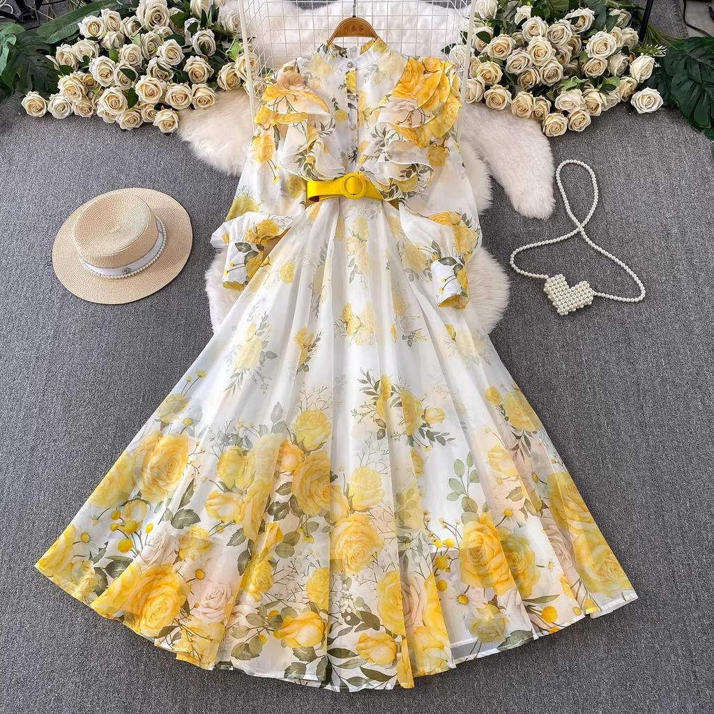 French beautiful chiffon printed lotus leaf edge round neck long dress women's spring and autumn straps waist pendulum elegant dress fairy