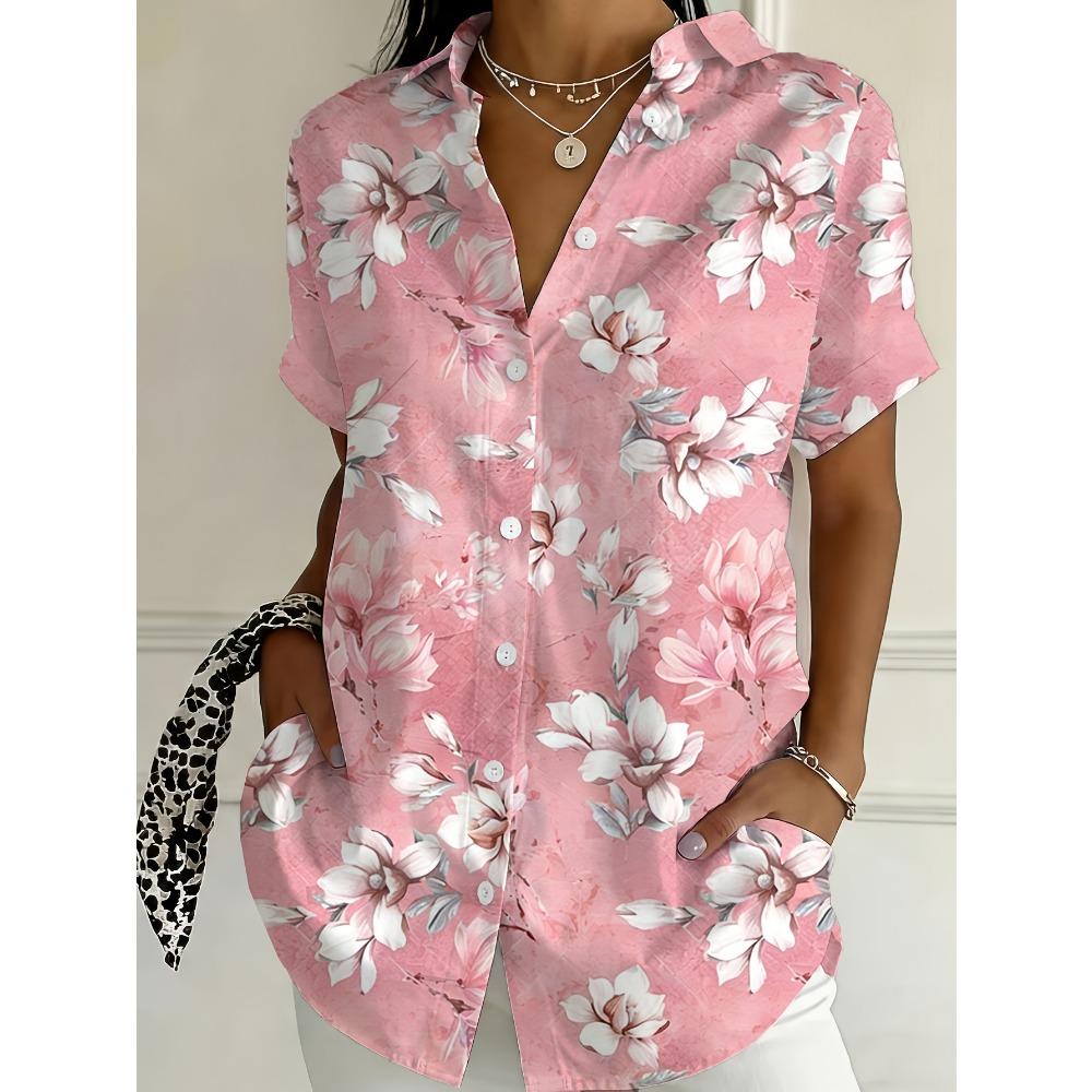 Plus Size - Plus Size - Casual Stylish Floral Print Short-Sleeve Button-Up Blouse for Plus-Size Women S