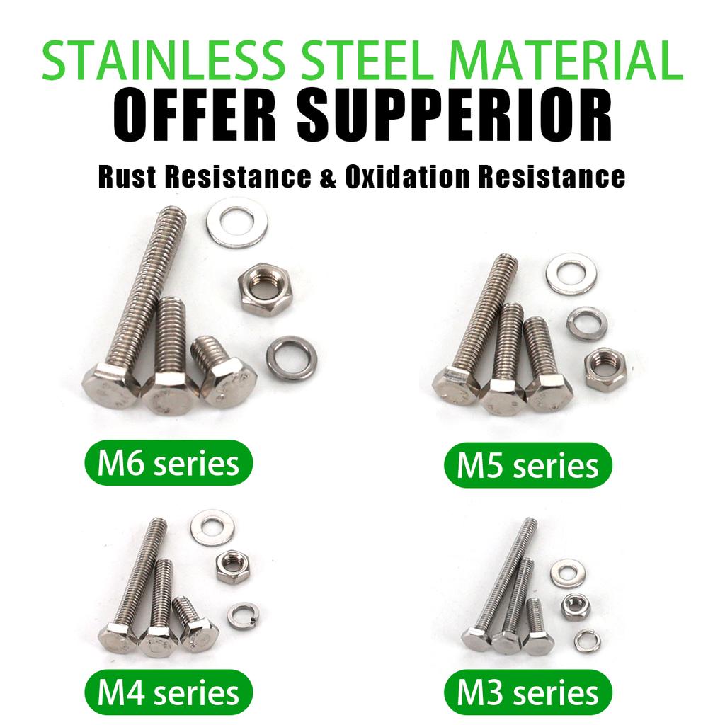 535-piece Hexagon Head Bolts, Nuts and Flat Washers Kit, M3/M4/M5/M6 Heavy Duty Stainless Steel Full Thread