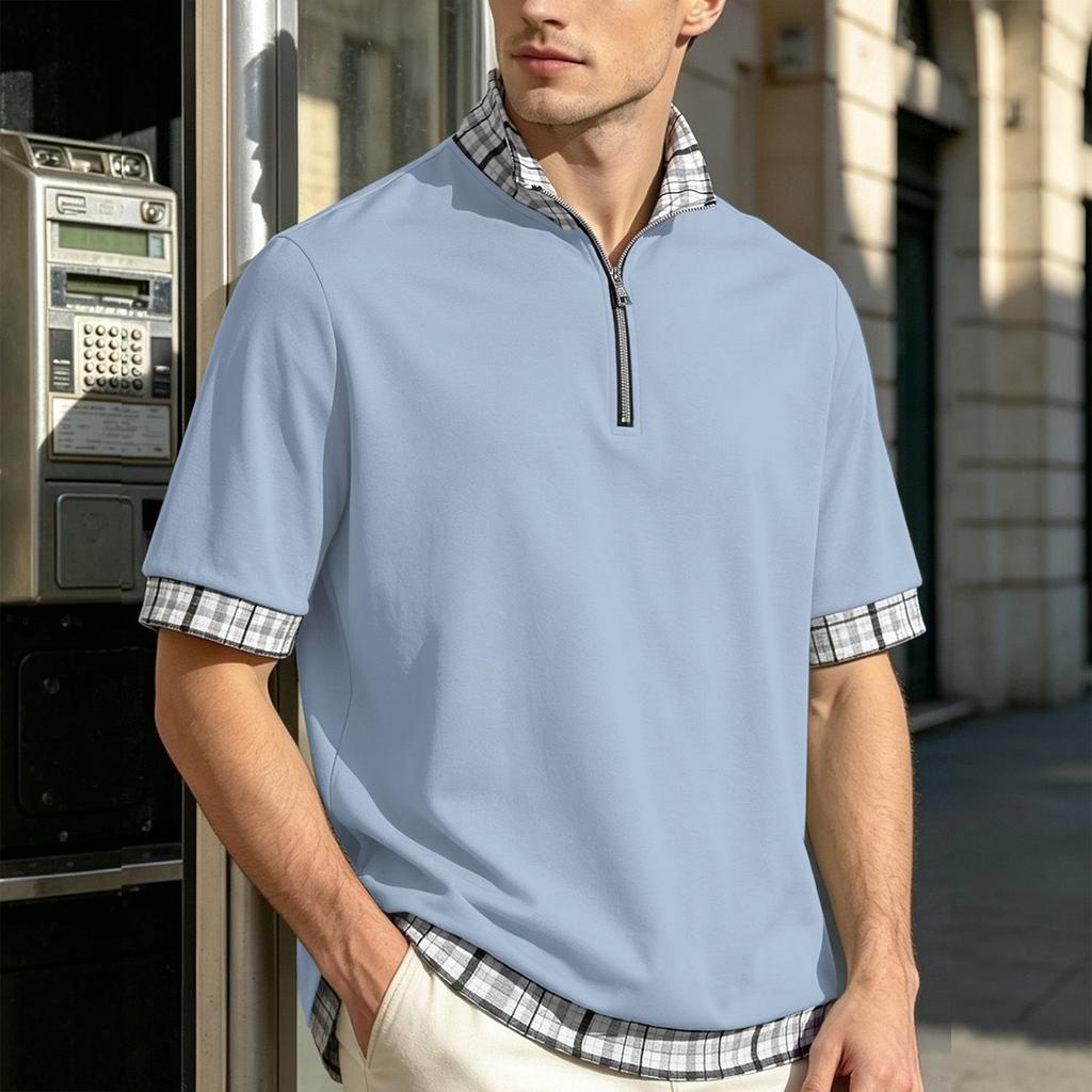 Men's Short Sleeve Polo Shirt with Half Zip Collar Layered Look Casual Loose Fit Big Size Plaid Pattern