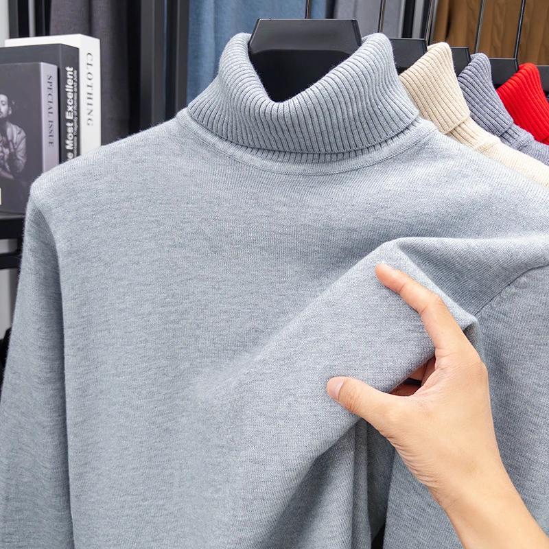 Autumn Mens Knitted Turtleneck Sweater Slim Fit Long Sleeve Anti-pilling Pullover Solid Color Trend Men Streetwear