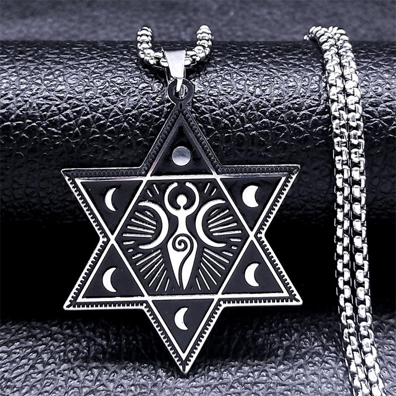 Wicca Triple Moon Goddess Crescent Necklace Stainless Steel Occult Moon Phases Hexagram Necklace Witch Amulet Jewelry collar