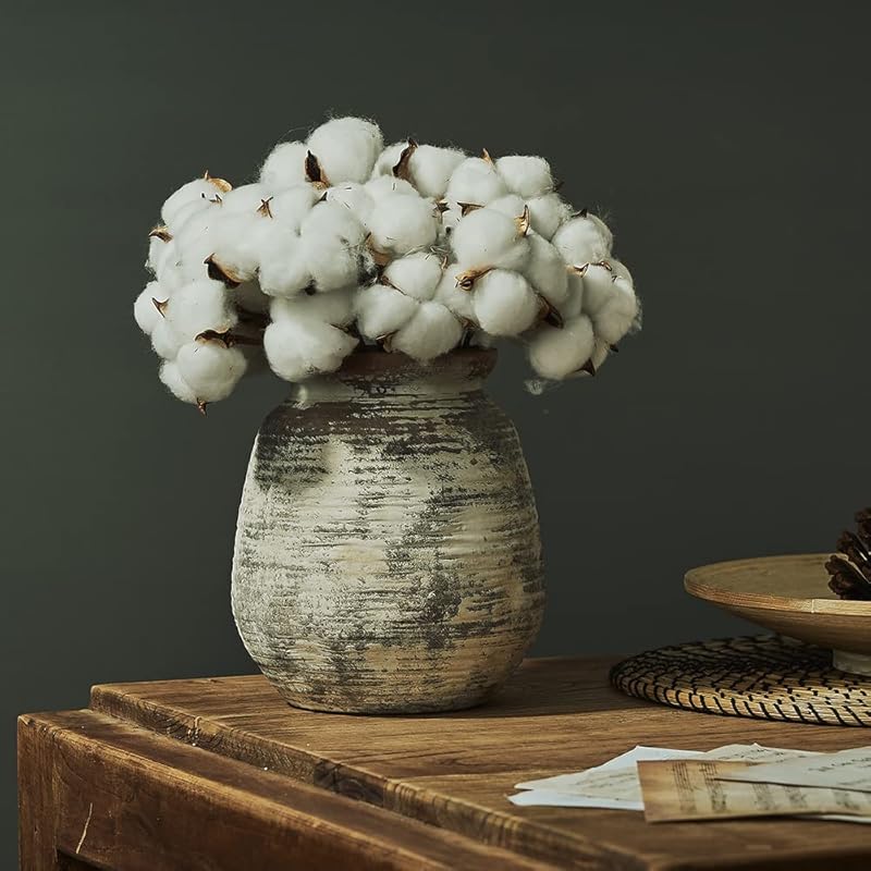 SIDUCAL Ceramic Rustic Vase, Whitewashed Terra cotta Vase, Distressed Farmhouse D  cor, Pottery Decorative Flower Vase f