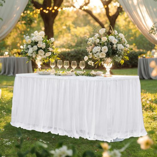 Tulle Table Skirt for Rectangular Tables White Pleated Table Cloth 6Ft/9Ft Wrinkle Free Tablecloth with Tutu Skirt Party Banquet Cake Table Decoration