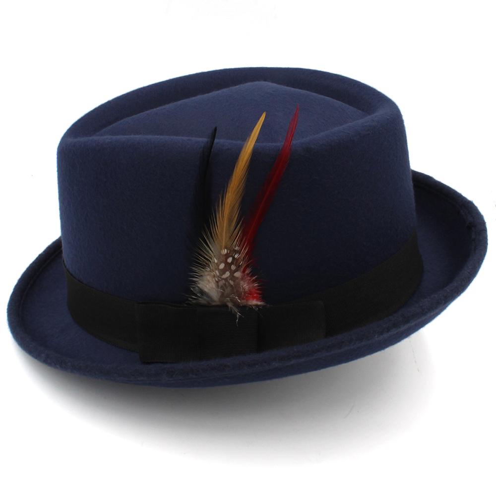 Rhombus Crown Trilby Hats for Men Classic Feather Trilby Fedora Hat Curl Gentleman Fashion Unisex Short Brim Autumn Winter Hat