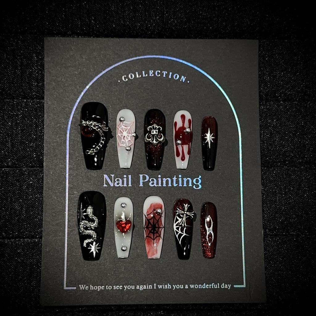 1PC Handmade nail art, high-end dark-themed hand-painted nail tips, gothic style, detachable false nail stickers.