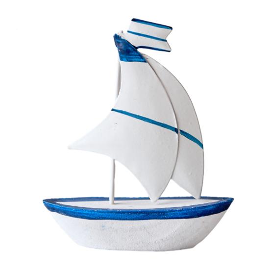 Sailboat Ornament, Wooden Iron Desktop Figure, Small Nautical Tabletop Decoration, Blue White Striped Lifebuoy Starfish Marine Style Ornament