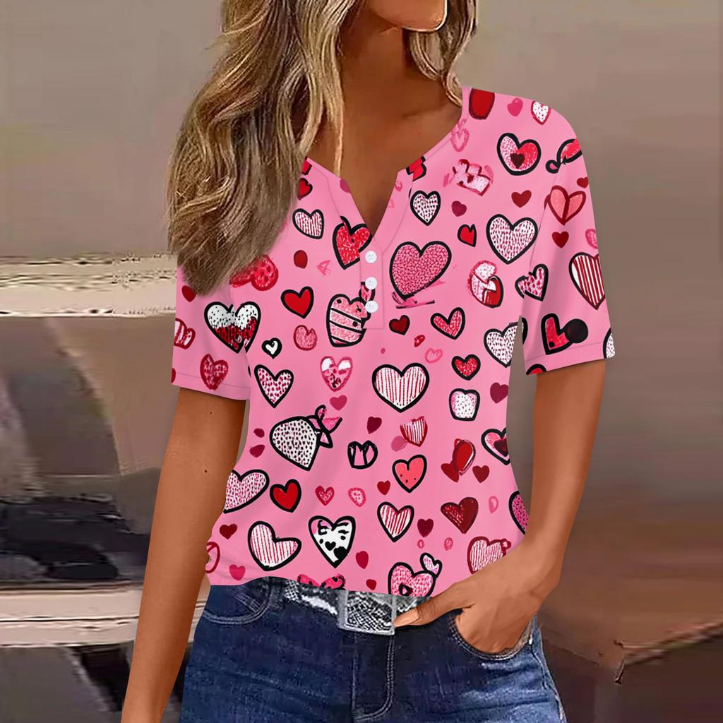 Damen T-Shirt Tee Print Knopf Kurzarm Täglich Wochenende Mode Basic V-Ausschnitt Regulär Oberteil Valentinstag